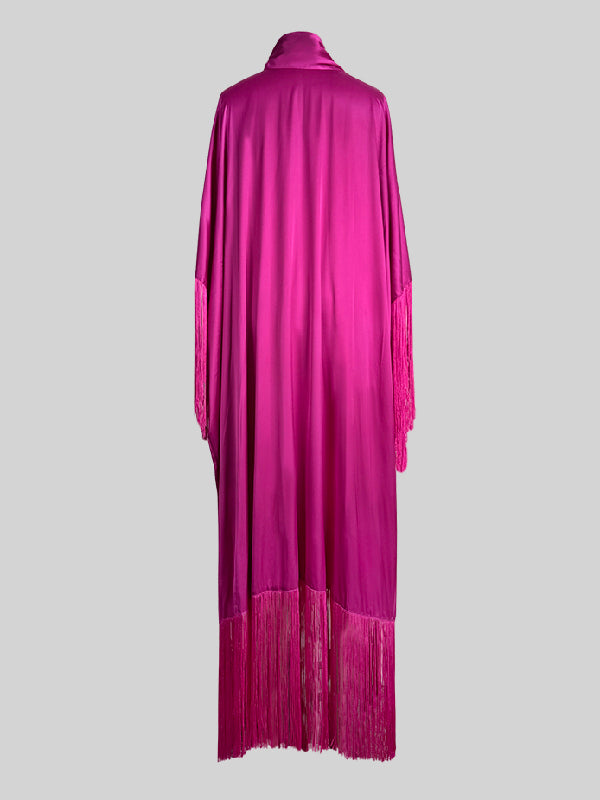 Batwing Sleeves Loose Color Split-joint Tasseled High Neck Evening Dresses Maxi Dresses