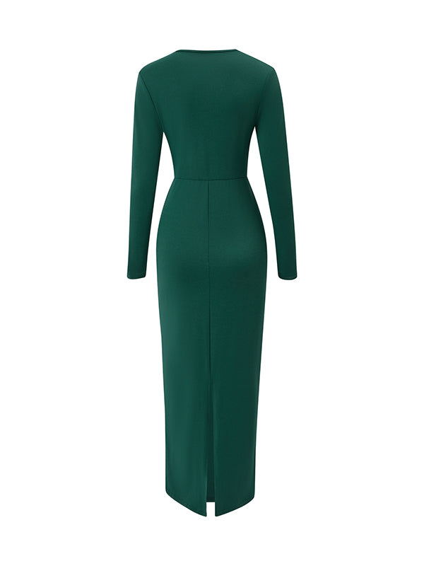 Bodycon Long Sleeves Bowknot Color V-neck Maxi Dresses