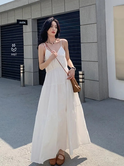 Loose Summer Dress Spaghetti Strap V-neck Vocation Vestidos Korean A-line Clothes New Long Dresses
