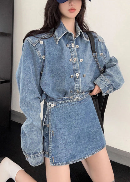 French Blue Peter Pan Collar Button Denim Two-piece Set Fall Ee005