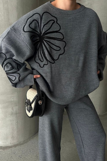 Round Neck Knit Sweater With Pants Two Piece Set