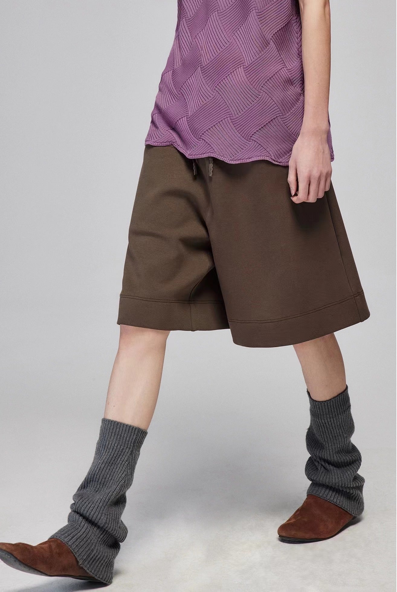 Brown Wide-leg Cotton Shorts