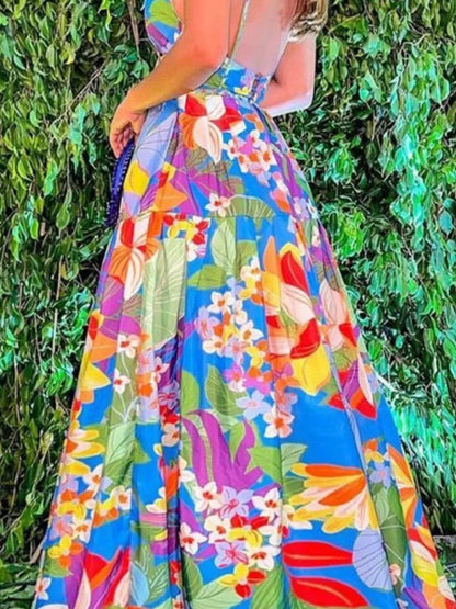 Color Flower Print Spaghetti Strap Evening Dresses Temperament V-neck Backless Beach Vacation Party Long Dress Female
