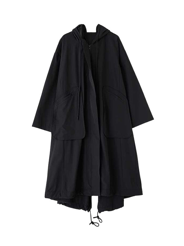 Balck Hooded Pockets Zip-up Drawstring Hem Long Sleeve Trench Coat Tw021
