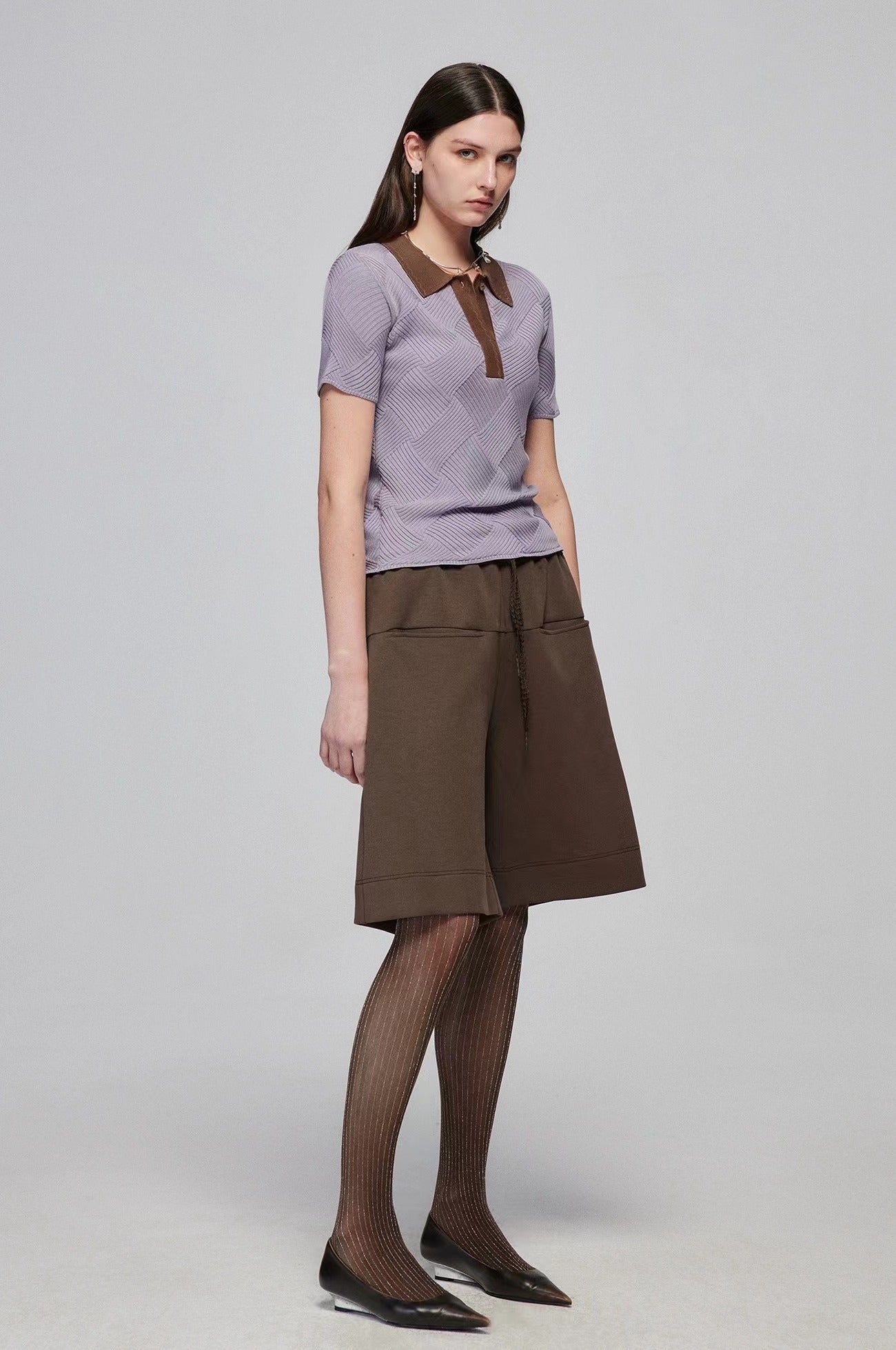 Brown Wide-leg Cotton Shorts