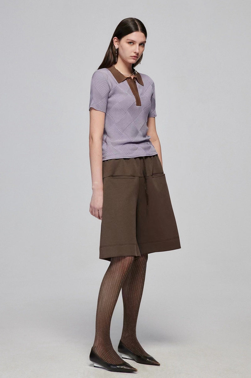 Brown Wide-leg Cotton Shorts