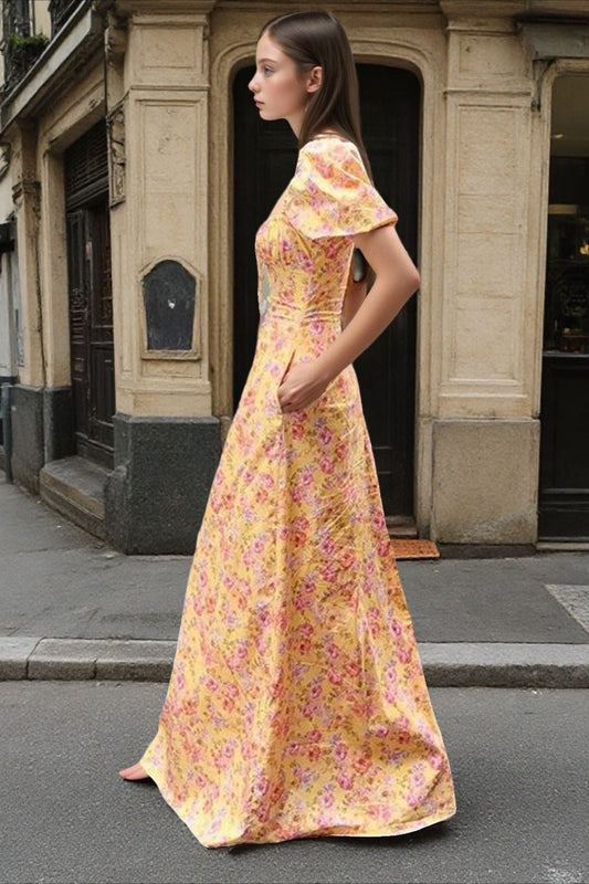 Print Square Neck Puff Sleeve Tie Maxi Dress