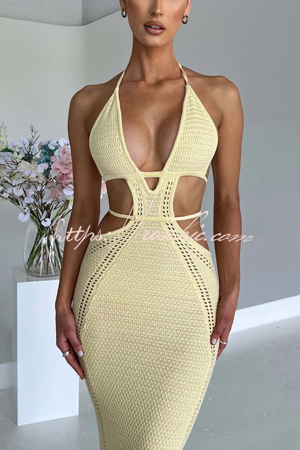 Effortlessly Cool and Knit Crochet Cutout Halter Tie-up Stretch Maxi Dress