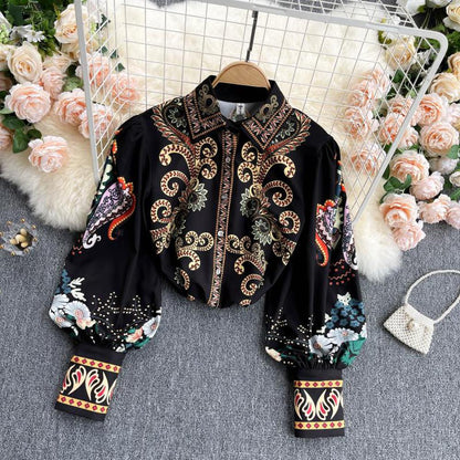 Retro Black Lapel Field Totem Print Buttoned Lantern Sleeve Blouse Ar1004