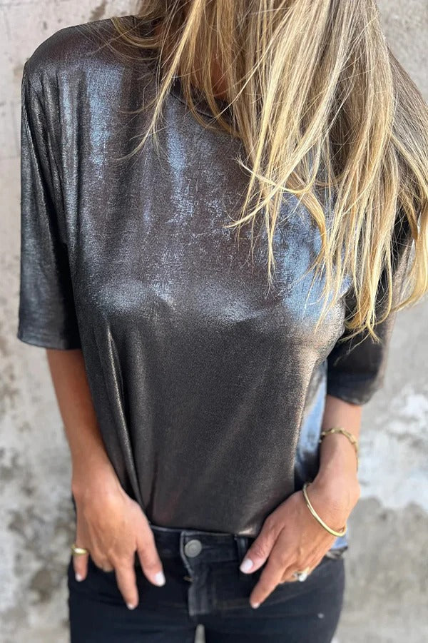 Metallic Color Round Neck Short-sleeved Loose T-shirt