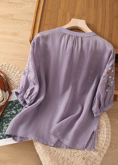 Grace Purple O Neck Embroideried Side Open Linen Blouse Spring Qb032