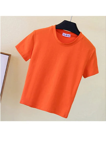 Green Crop Top T-shirt Female Cotton O-neck Short Sleeve T-shirts for High Waist Slim Short Sport Femme T-shirt