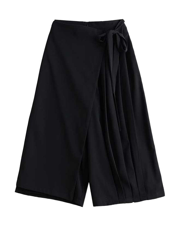 Stylish Black Elasticity High Waisted Asymmetric Tied Patchwork Pleated Ninth Pants Ws015