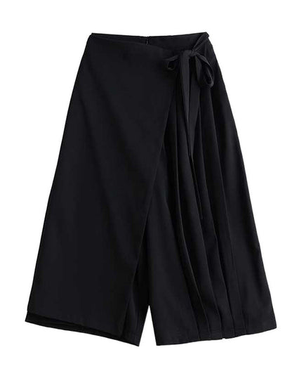Stylish Black Elasticity High Waisted Asymmetric Tied Patchwork Pleated Ninth Pants Ws015