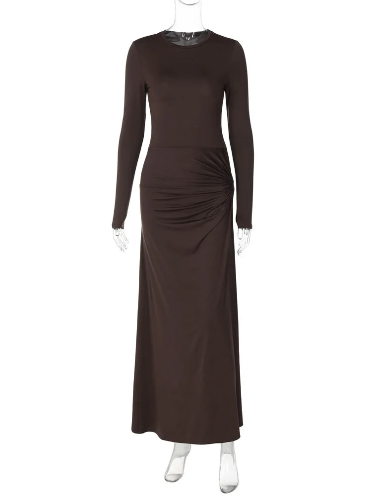 Pleated Skinny Maxi Dress ’s High Split Long Sleeve Patchwork Hollow Out Dress Female Long Dress
