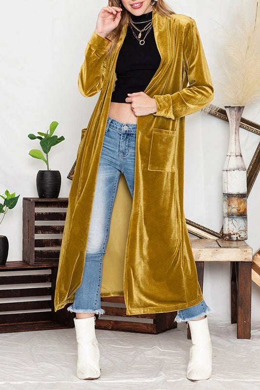 Yellow Velvet Open Front Pocket Long Cardigan
