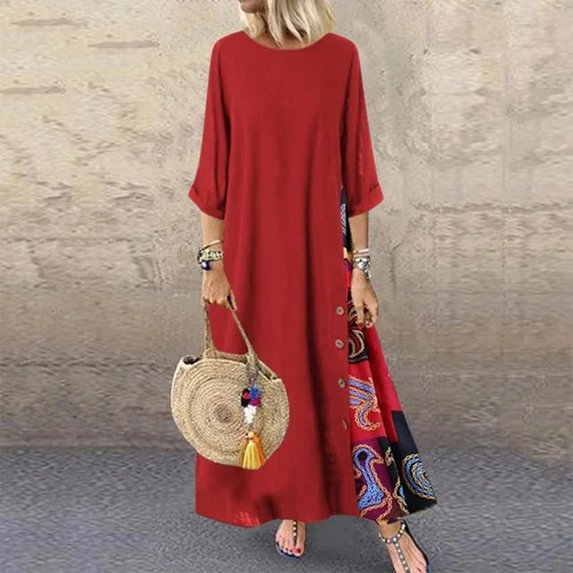 Cotton Linen Long Dresses Three Quarter Sleeves Splicing Print Loose A-line Dress Lady Maxi Vestido