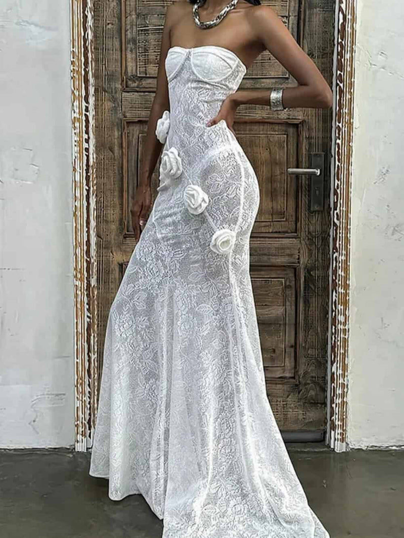3d Flower Decor Lace Fishtail Hem See Through Strapless Maxi Dress