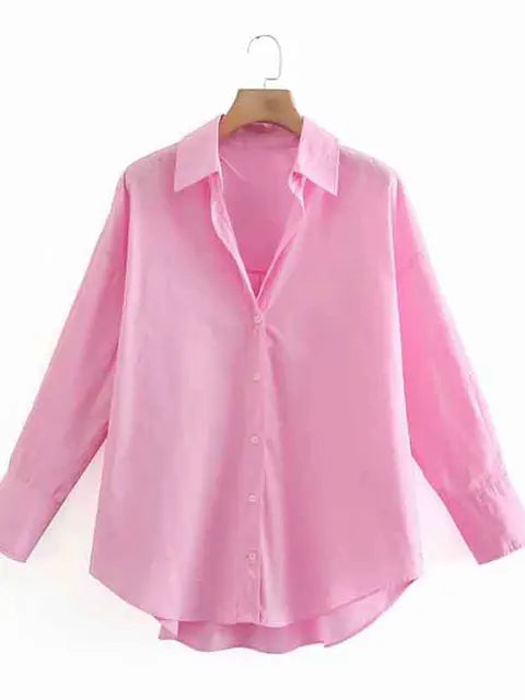 New Simply Candy Color Single Breasted Poplin Shirts Office Lady Long Sleeve Blouse Chemise Tops