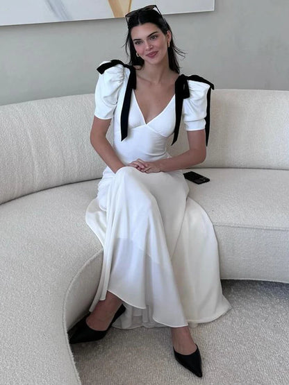 Tee Bow Lace-up Long Dress for High Waist Short Sleeve Slim Party Dress Bandage Maxi Dress