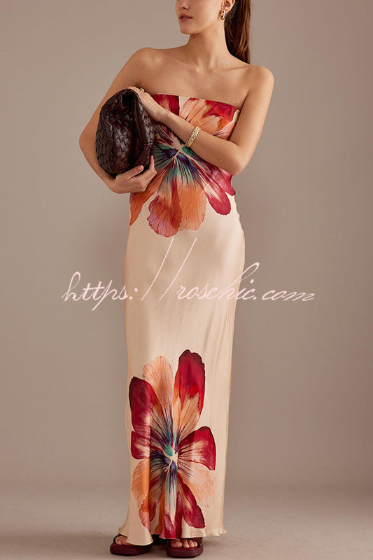 Charming Lady Satin Print Bandeau Loose Maxi Dress