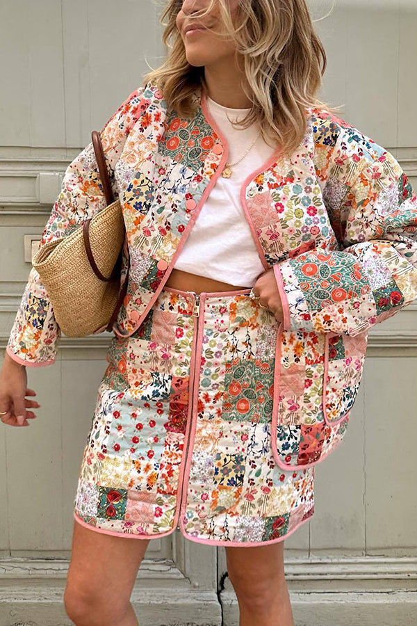 Patchwork Flower Print Front Zipper Pocketed Quilted Knit Mini Skirt