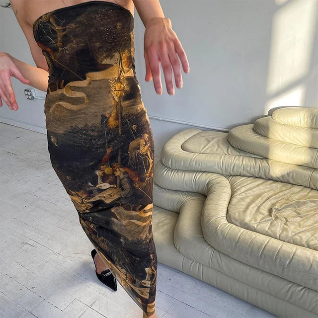 Strapless Oil Painting Printing Mesh Slim Midi Dress Female Brand Party Vestidos – Bestseller Dress