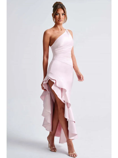 Satin Sleeveless Bodycon Ruffle Irregular Long Dress Backless Party Evening Dress Autumn New Vestido