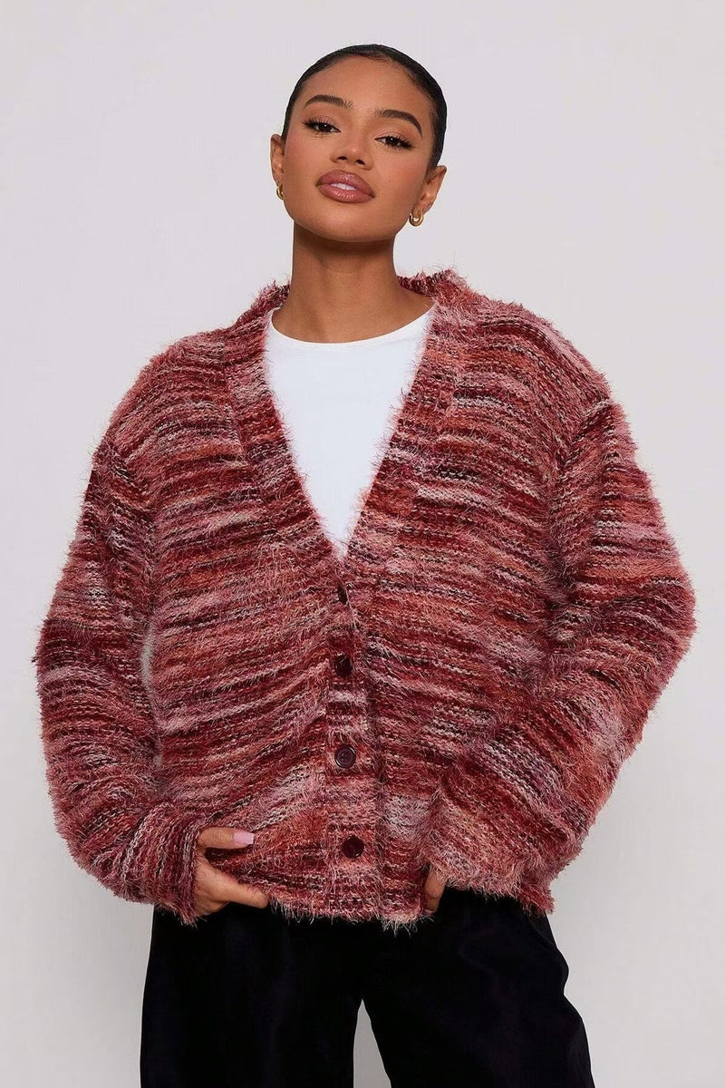 Retro Striped Fashionable Oversized Fleece Long Sleeve Knit Cardigan