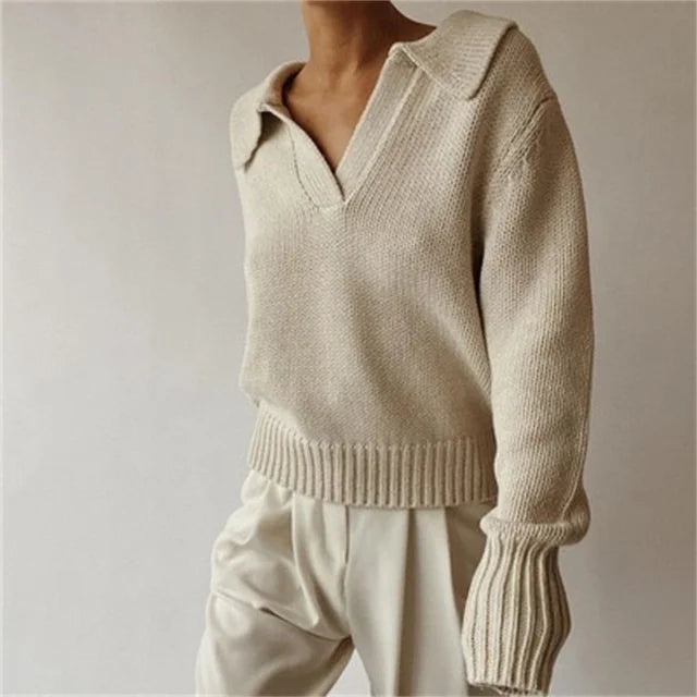 ’s Long Sleeves V-neck Knitted Sweater Loose Pullover Autumn Winter Sweatshirts Female Jumper