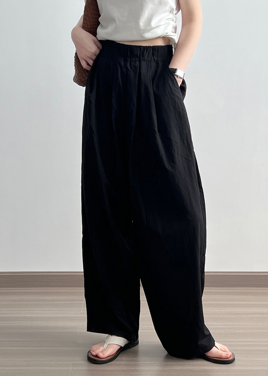 Black Pockets Cotton Wide Leg Pants Elastic Waist Wrinkled Fall Af1079