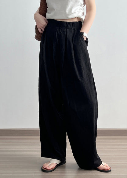 Black Pockets Cotton Wide Leg Pants Elastic Waist Wrinkled Fall Af1079