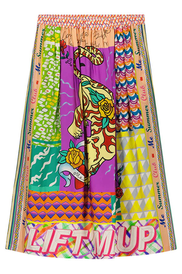 Satin Colorful Unique Print Elastic Waist Pocket Vacation Midi Skirt