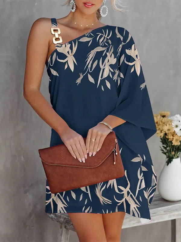 Batwing Sleeves Hollow Printed One-shoulder Mini Dresses