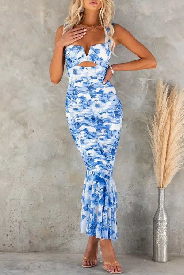 Styled to Perfection Ruched Mesh Overlay Ruffle Hem Maxi Dress