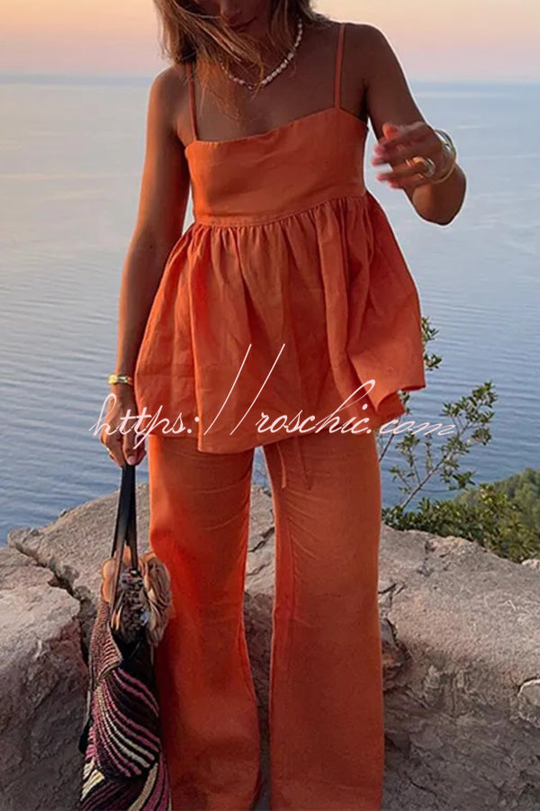 Color Suspender Loose Top and Elastic Waist Wide Leg Pants Set