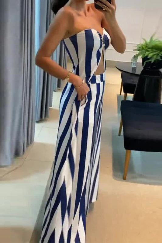 Striped Print Off-shoulder Long Top and Loose Pocket Straight Pants Set