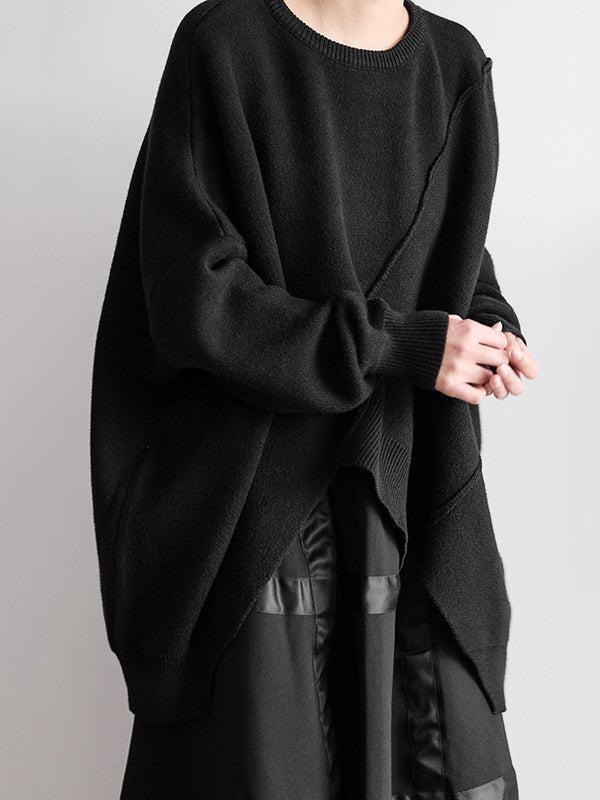 Original Loose Black Round-neck Batwing Sleeve Irregular Hem Knit Sweater An1037