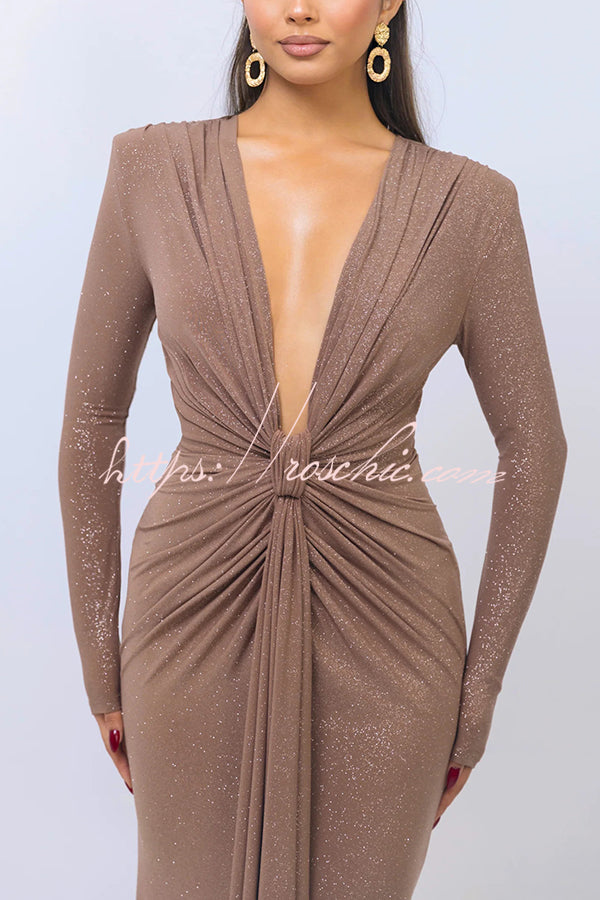 Color Shiny V-neck Long Sleeve Ribbon Slit Slim Fit Maxi Dress