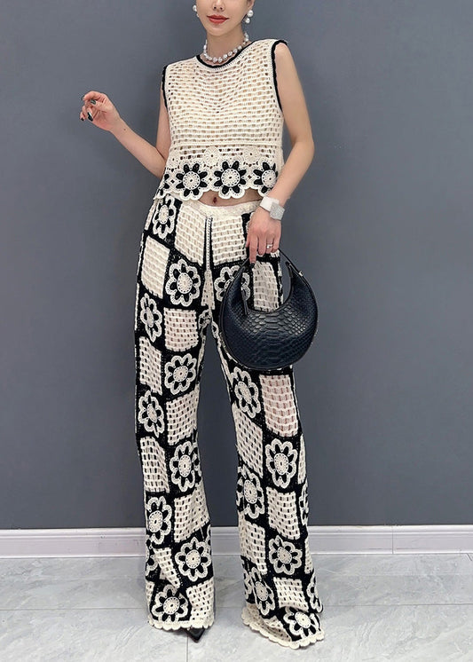 White O Neck Hollow Out Cotton Two-piece Set Sleeveless Ao1017
