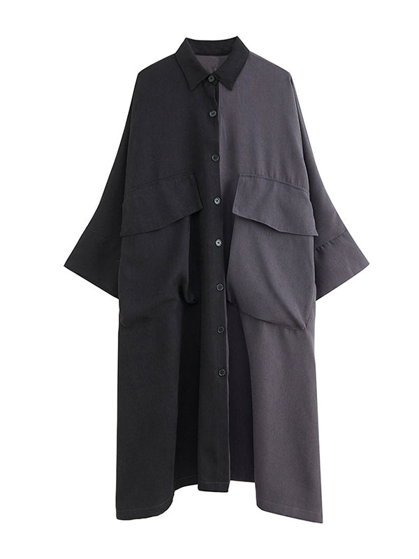 Long Sleeves Loose Buttoned Contrast Color Split-joint Lapel Collar Midi Dresses