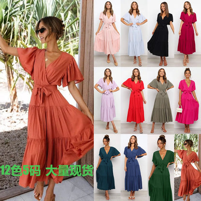 Color Ruffles Long Dresses V-neck Ruffle Sleeves Leace-up Temperament Lady Dress Summer New
