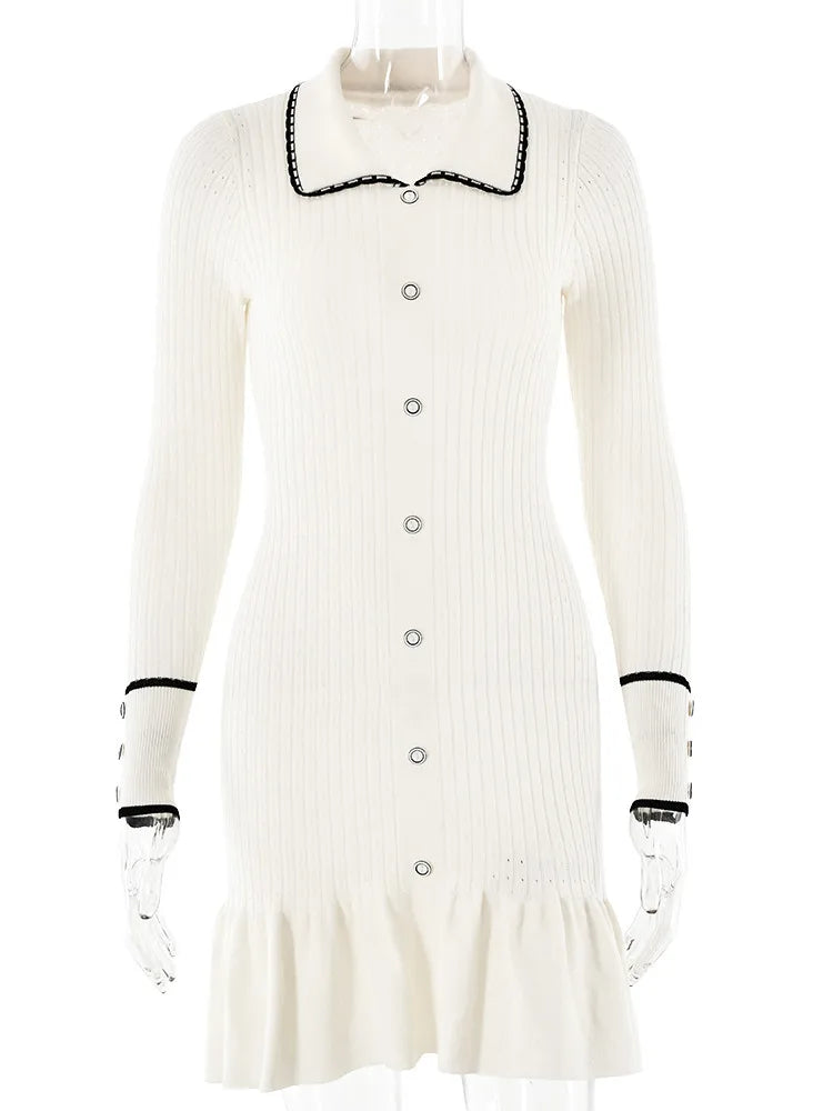 Knitted Sweater Button Elastic Slim Dress Lotus Leaf Edge Bodycon Long Sleeve Fall New Female Vestido
