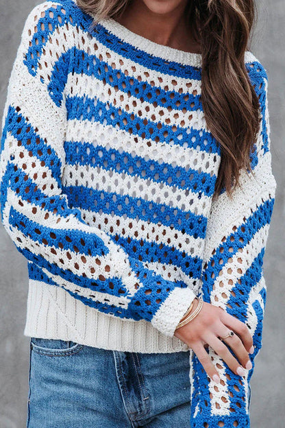 Loose Striped Hollow Crew Neck Knit Sweater