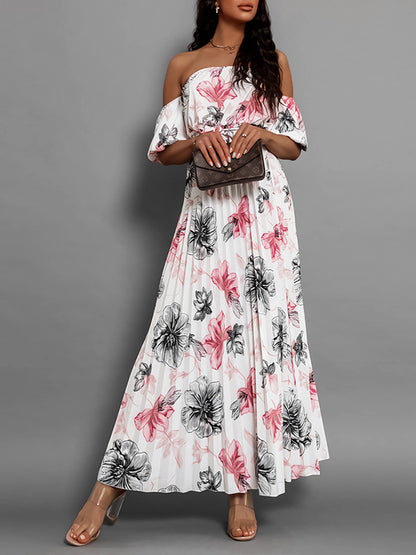 A-line Loose Elasticity Flower Print Pleated Split-joint Tied Waist Off-the-shoulder Maxi Dresses