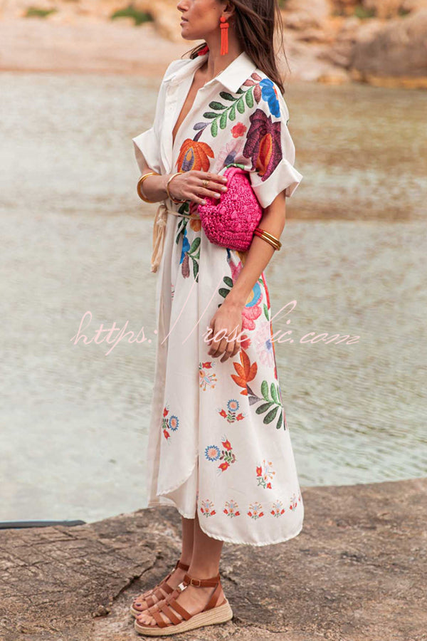 Plant Print Lapel Short Sleeve Waist Tie Loose Vacation Midi Dress