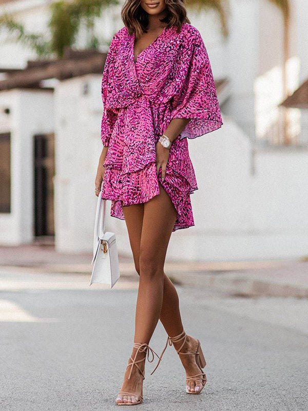 A-line High Waisted Double Layered Elasticity Printed V-neck Mini Dresses