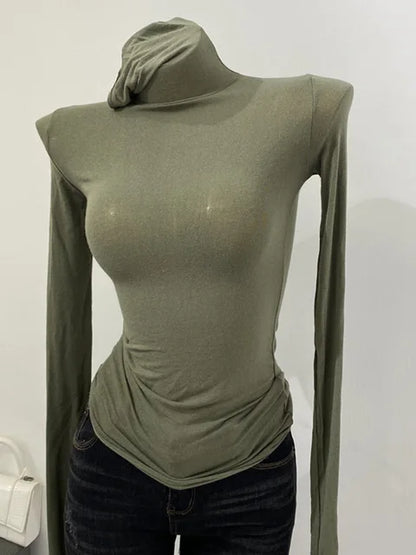 Thin Soft American Long Sleeve T-shirt High Stacked Neck Tight Perspective Bottom Shirt ’s Slim Fit Tops
