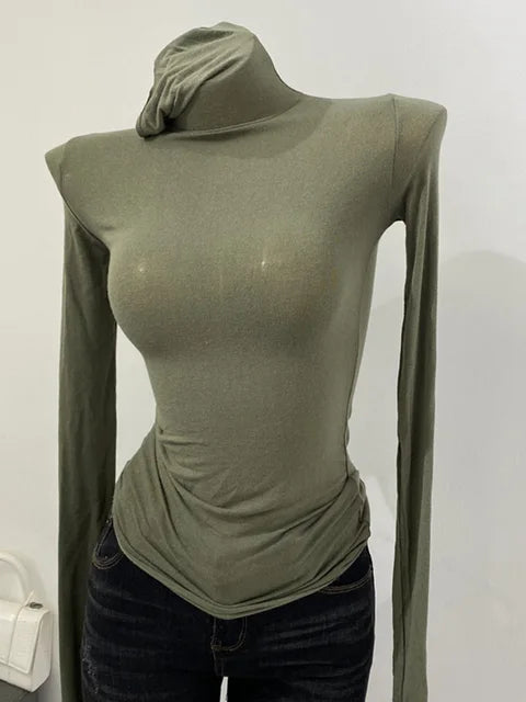 Thin Soft American Long Sleeve T-shirt High Stacked Neck Tight Perspective Bottom Shirt ’s Slim Fit Tops