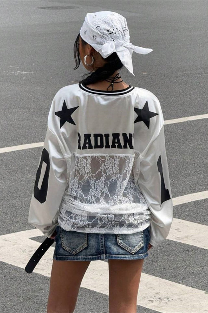 Lace Sheer V Neck Print Sweatshirt